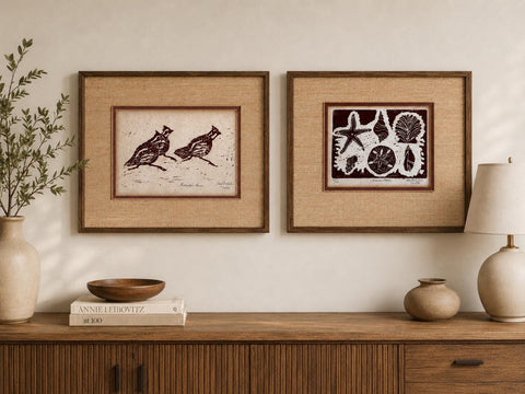 Partridge Panic & Kiawah Shells | 1978 Vintage Signed Block Prints Pair