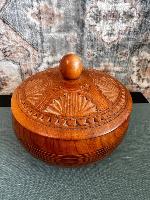 Hand-Carved Wooden Lidded Bowl with Decorative Lid