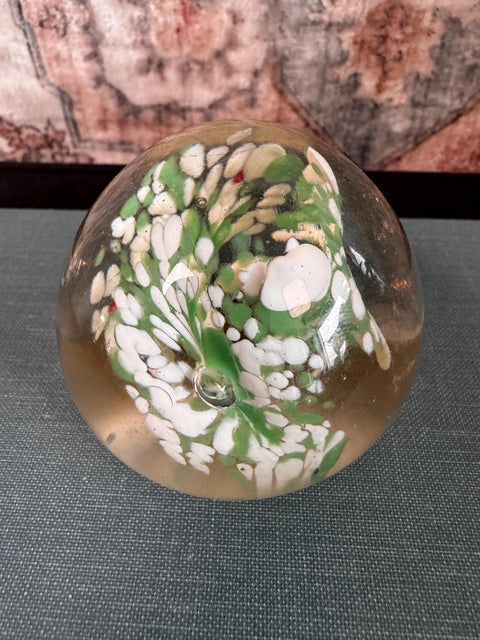Vintage Glass Paperweight with Green and White Floral Design