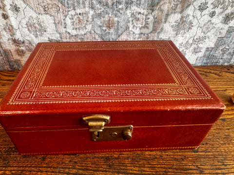 Vintage Red Leather Jewelry Box with Green Velvet Interior