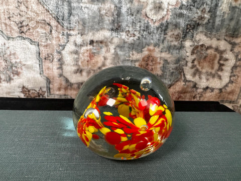 Vintage Glass Paperweight with Red and Yellow Floral Design