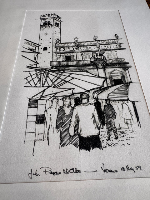 Piazza del Cibo, Verona | 1959 Pen and Ink Drawing