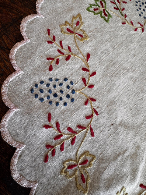 Hand-Embroidered Round Linen Doily with Floral Motifs