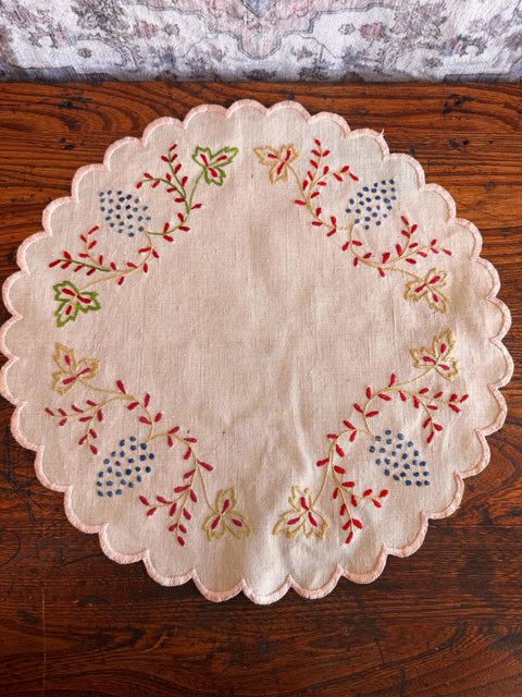 Hand-Embroidered Round Linen Doily with Floral Motifs