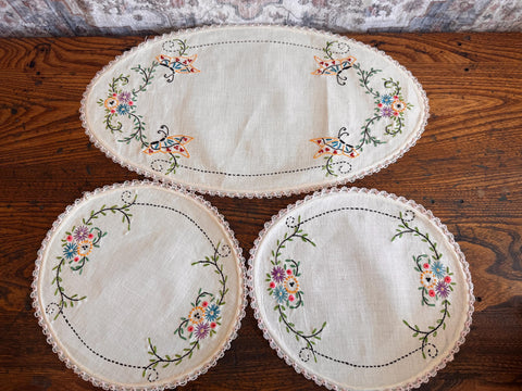Set of 3 Hand-Embroidered Linen Doilies with Floral and Butterfly Motifs