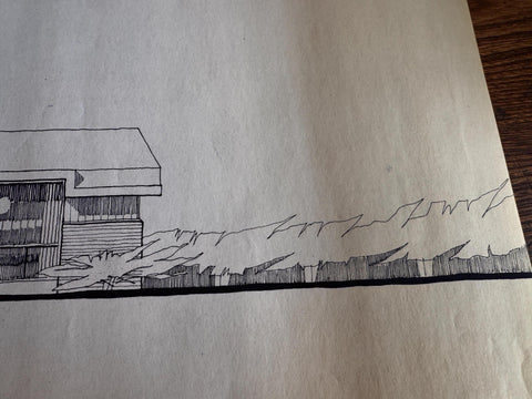 Mid Century Architectural Drawing - Tree Line Elevation - Original Hand Drawn House Rendering
