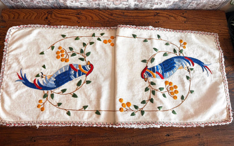 Hand Embroidered Table Runner with Birds and Berries