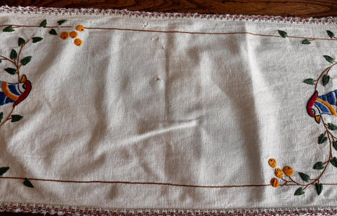 Hand Embroidered Table Runner with Birds and Berries