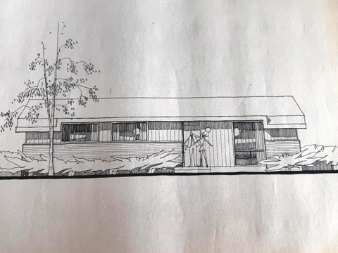 Mid Century Architectural Drawing - Tree Line Elevation - Original Hand Drawn House Rendering