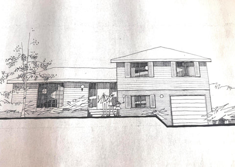 Mid Century Architectural Drawing - Stone Wing Elevation - Original Hand Drawn House Rendering