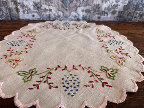 Hand-Embroidered Round Linen Doily with Floral Motifs