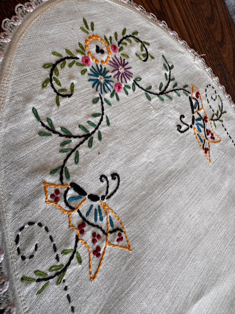 Set of 3 Hand-Embroidered Linen Doilies with Floral and Butterfly Motifs