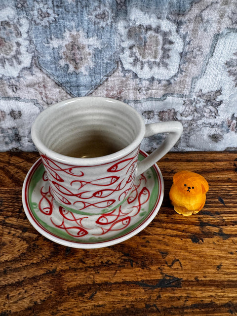 Bat Trang Vietnam Ceramic Cup and Saucer with Fish Pattern