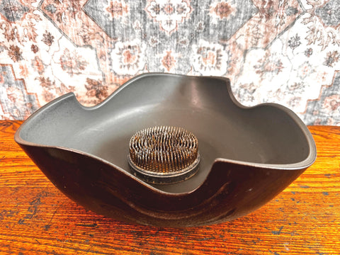 Vintage Mid Century Ikebana Bowl with Metal Flower Frog | Sculptural Brown Studio Pottery Floral Arranger