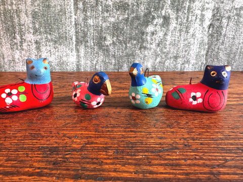 Lot of 4 Hand Painted Mexican Clay Bird and Animal Figurines