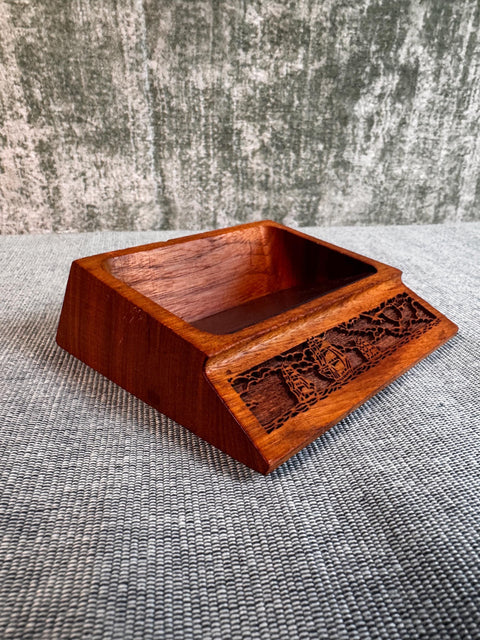 Walnut Wooden Paperclip Dish with Carved Ship Design
