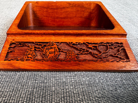 Walnut Wooden Paperclip Dish with Carved Ship Design