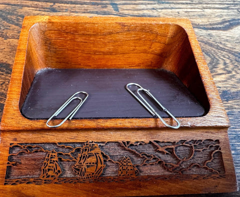 Walnut Wooden Paperclip Dish with Carved Ship Design