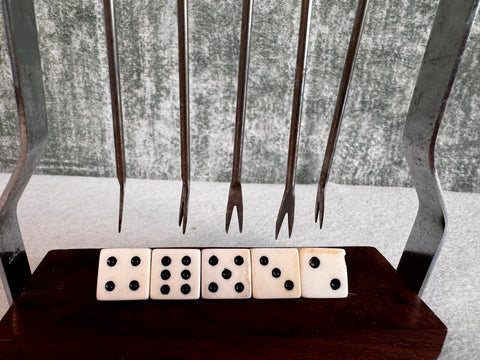 Vintage MCM Dice Cocktail Picks with Stand, Mid Century Appetizer Fork Set