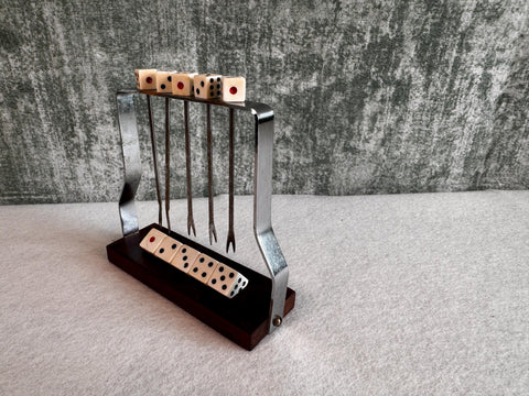 Vintage MCM Dice Cocktail Picks with Stand, Mid Century Appetizer Fork Set