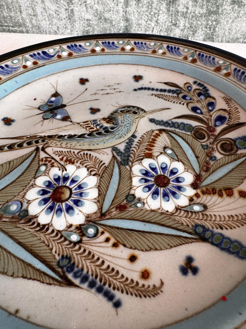Vintage Ken Edwards Mexico Pottery Plate, Hand Painted Bird Floral Stoneware Wall Plate