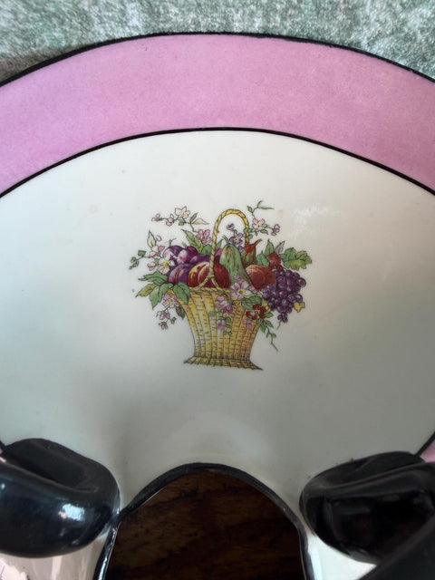 Limoges France Divided Serving Dish with Handle in Pink and Floral Basket Design