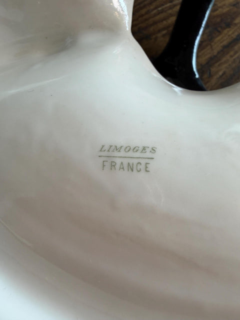 Limoges France Divided Serving Dish with Handle in Pink and Floral Basket Design