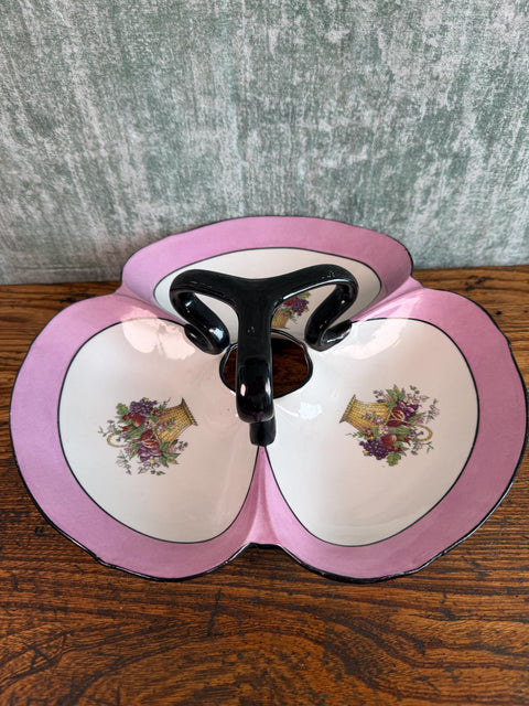 Limoges France Divided Serving Dish with Handle in Pink and Floral Basket Design