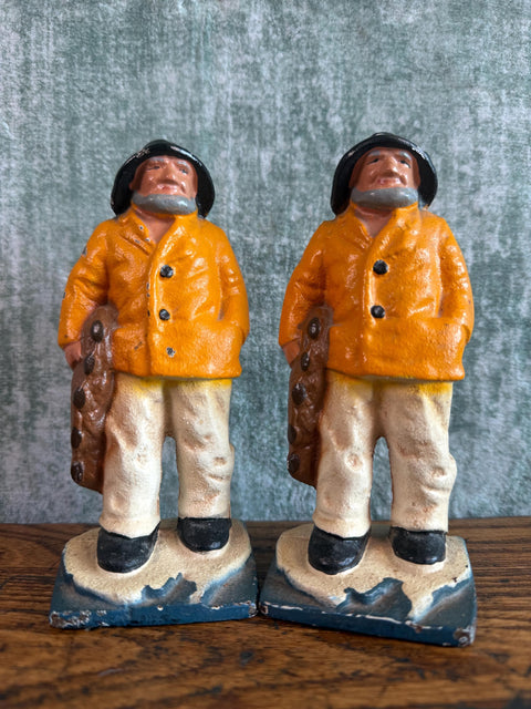 Pair of Fisherman Cast Iron Bookends with Vintage Patina