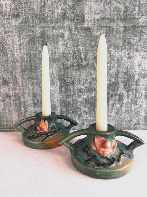 1943 Roseville Pottery Candle Holders with Floral Motif