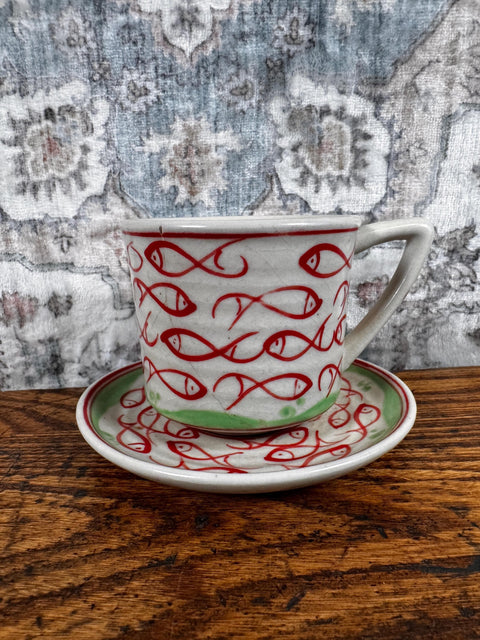 Bat Trang Vietnam Ceramic Cup and Saucer with Fish Pattern