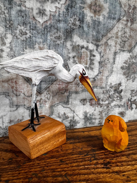 Hand Carved Wooden Bird Figurine on Block Base