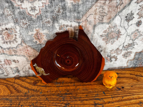 Wooden Ashtray Shaped Like Australia with Brass Kangaroo Accent