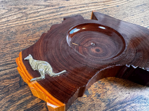 Wooden Ashtray Shaped Like Australia with Brass Kangaroo Accent