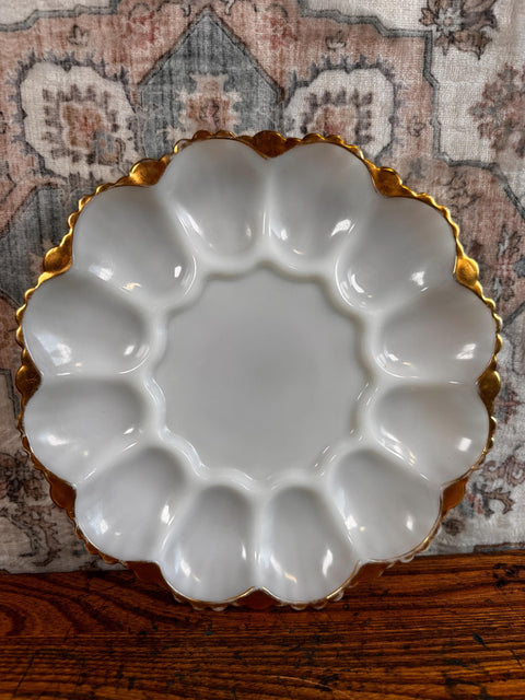 Milk Glass Deviled Egg Serving Plate with Elegant Gold Trim