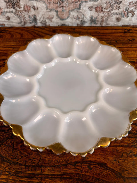 Milk Glass Deviled Egg Serving Plate with Elegant Gold Trim