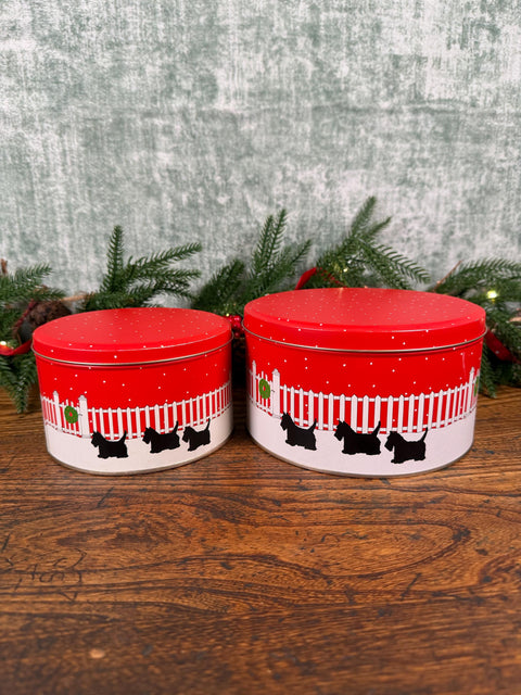 2 Scottie Dog Red and White Metal Storage Tins