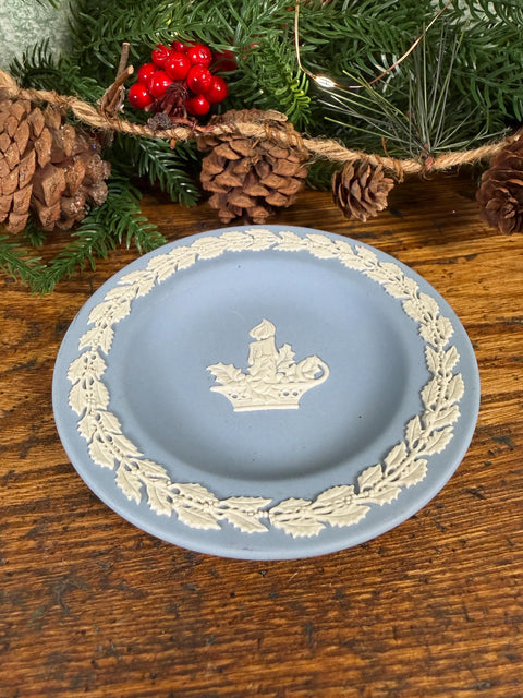Wedgwood Blue Jasperware Holiday Plate with Candle and Holly Design