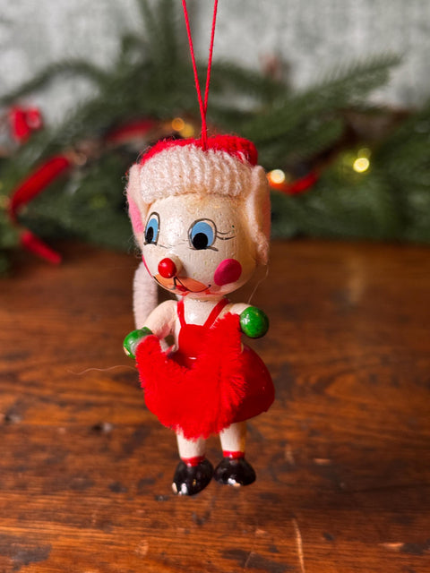 Vintage Christmas Mouse Figurine with Red Dress and Knitted Hat