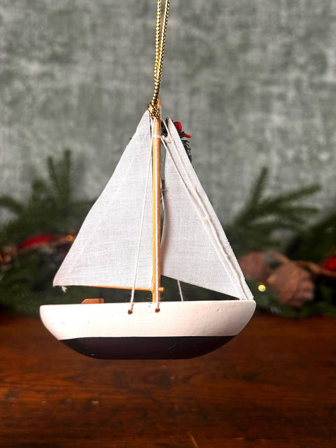 Miniature Wooden Sailboat Ornament with Christmas Wreath from Camden, Maine