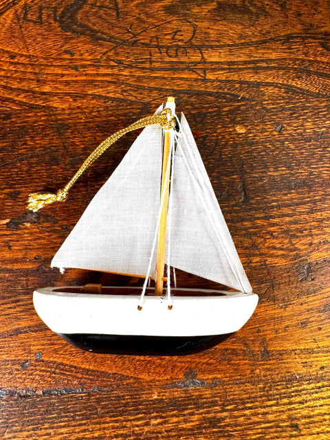Miniature Wooden Sailboat Ornament with Christmas Wreath from Camden, Maine