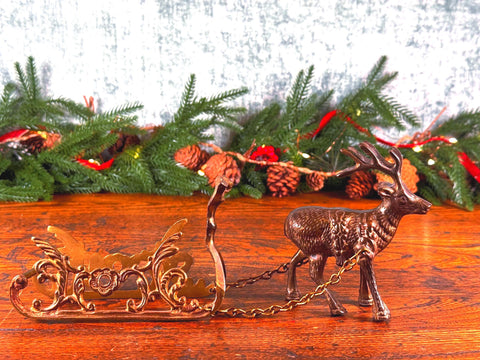 Brass Reindeer and Sleigh Figurine Holiday Decor