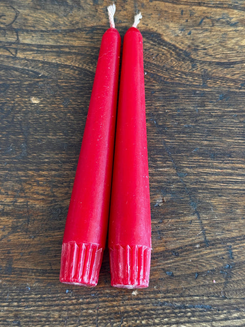 Pair of Small Brass Candle Holders with Red Taper Candles