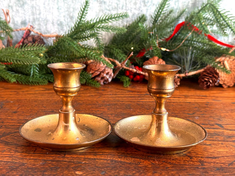 Pair of Small Brass Candle Holders with Red Taper Candles