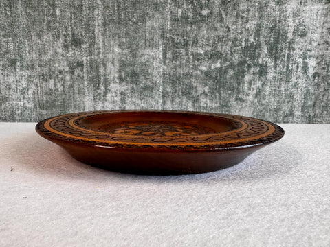 Vintage Polish Folk Art Wood Plate, 7.5" Floral Plate with Brass Inlay