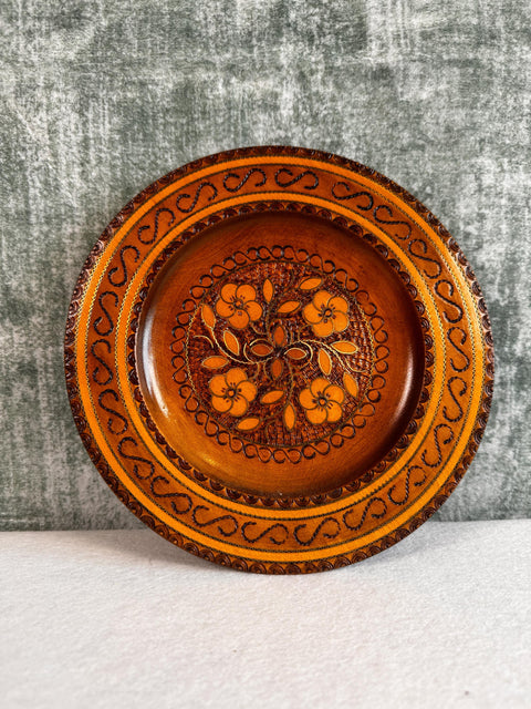 Vintage Polish Folk Art Wood Plate, 7.5" Floral Plate with Brass Inlay