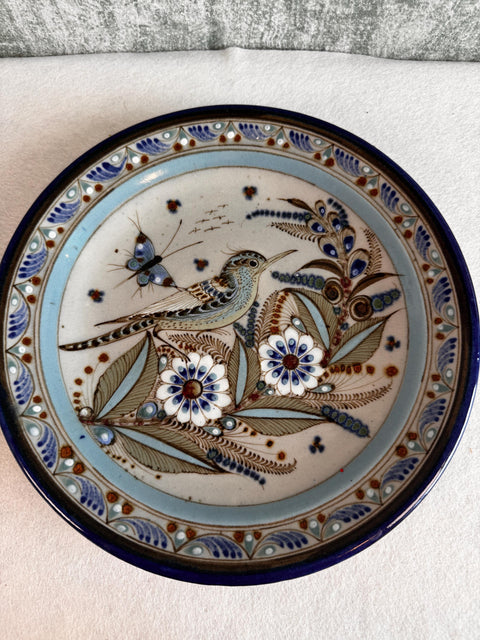 Vintage Ken Edwards Mexico Pottery Plate, Hand Painted Bird Floral Stoneware Wall Plate