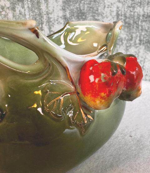 Green Ceramic Dish with Red Fruit Decoration