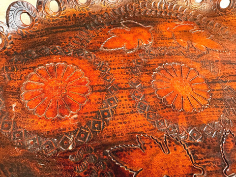Vintage 15" Hand Tooled Leather Tray with Scalloped Edges