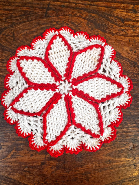 Crocheted Doily with Red and White Pattern